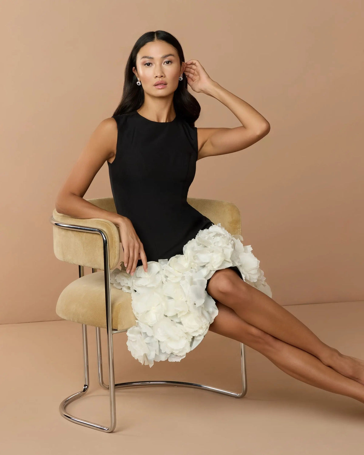 Black Cream Sleeveless Mini Dress With 3D Floral Skirt