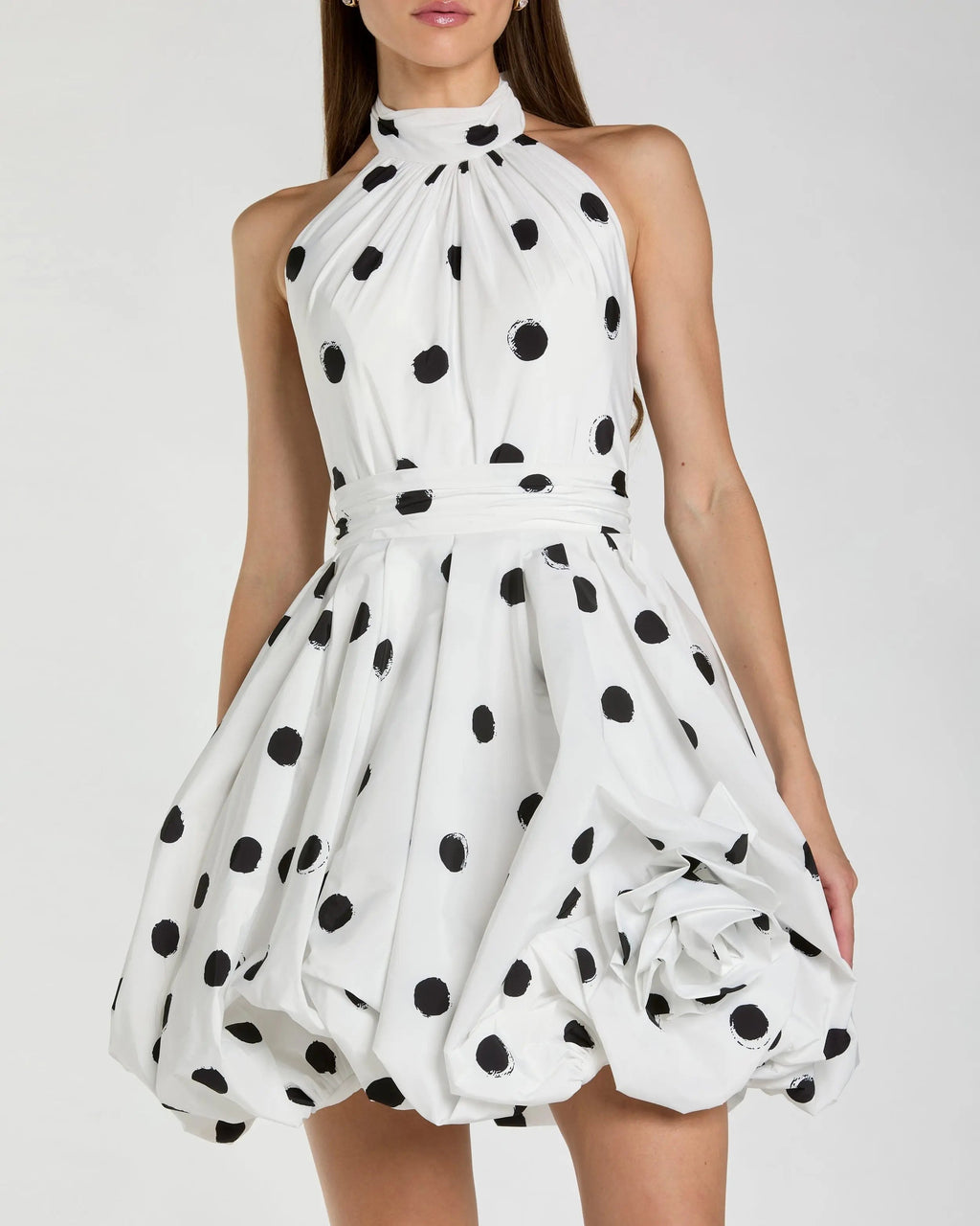 White Polka Dot Halter Bubble Mini Dress