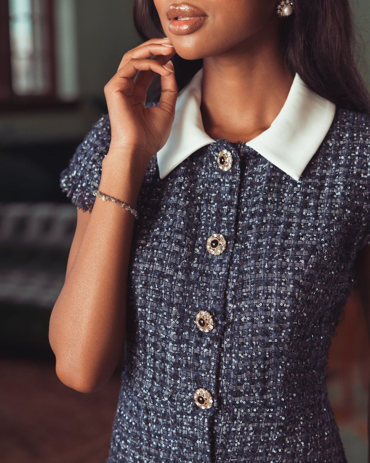 Navy Sequin Boucle Mini Dress