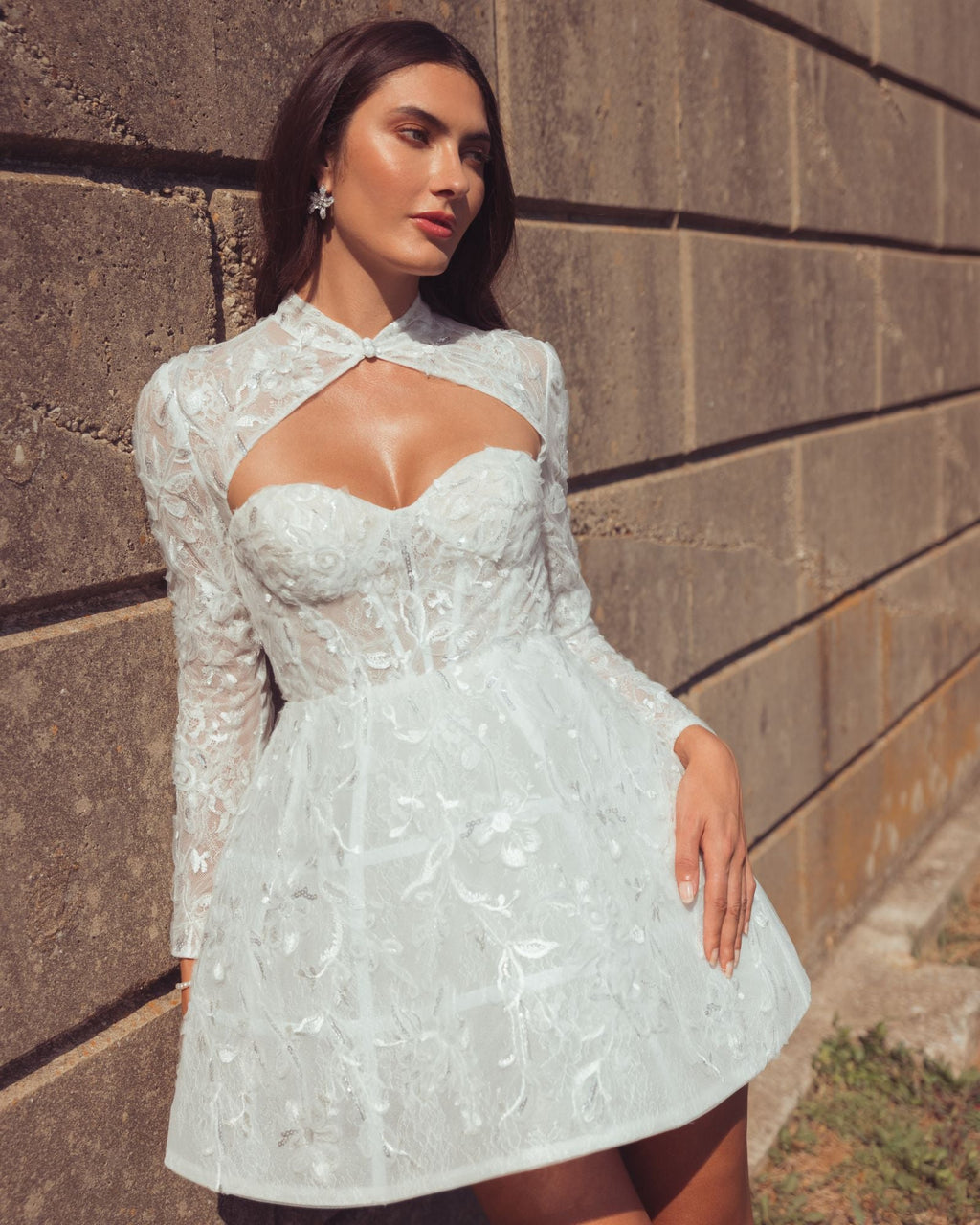 White Long Sleeve Lace A-Line Mini Dress