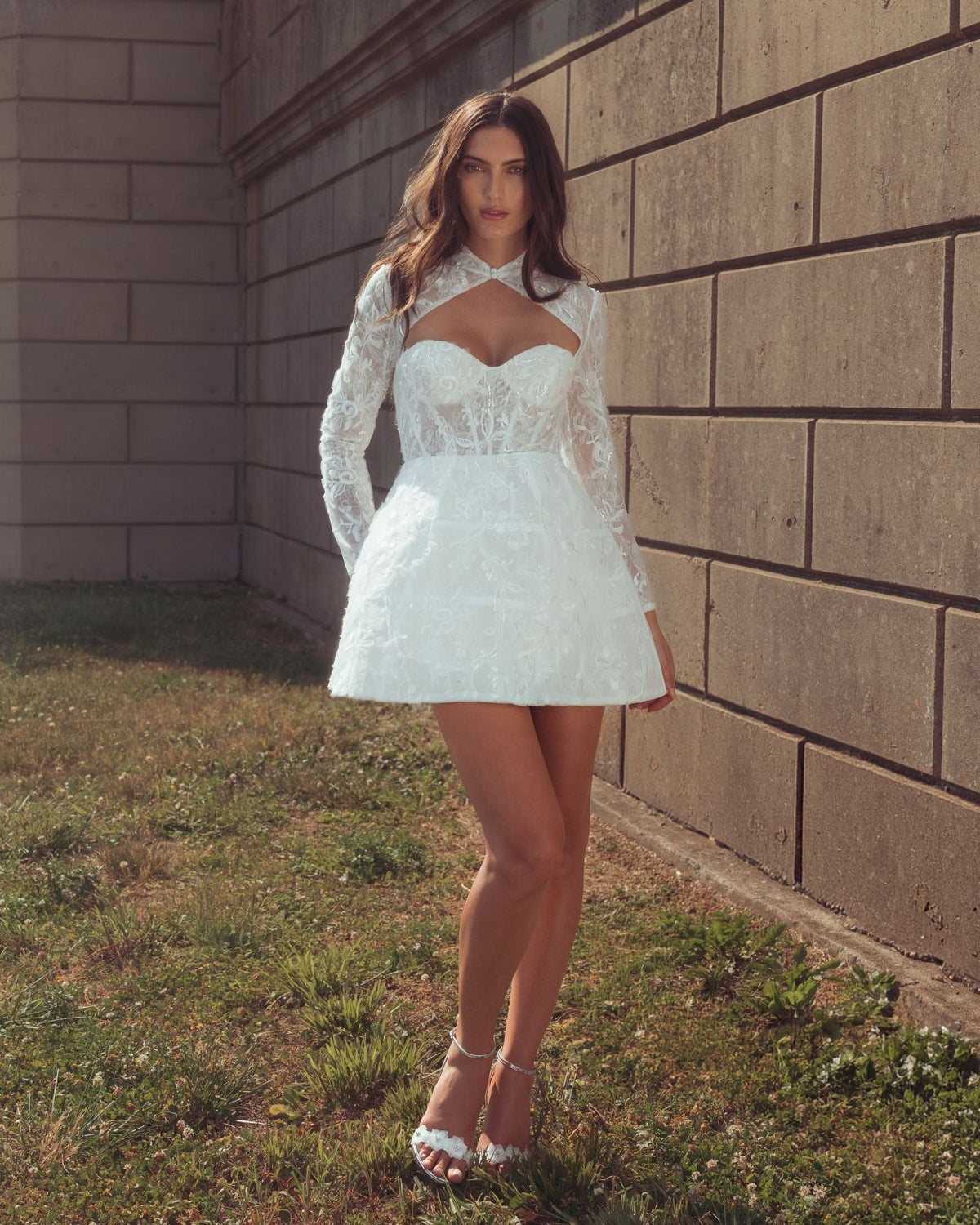 White Long Sleeve Lace A-Line Mini Dress