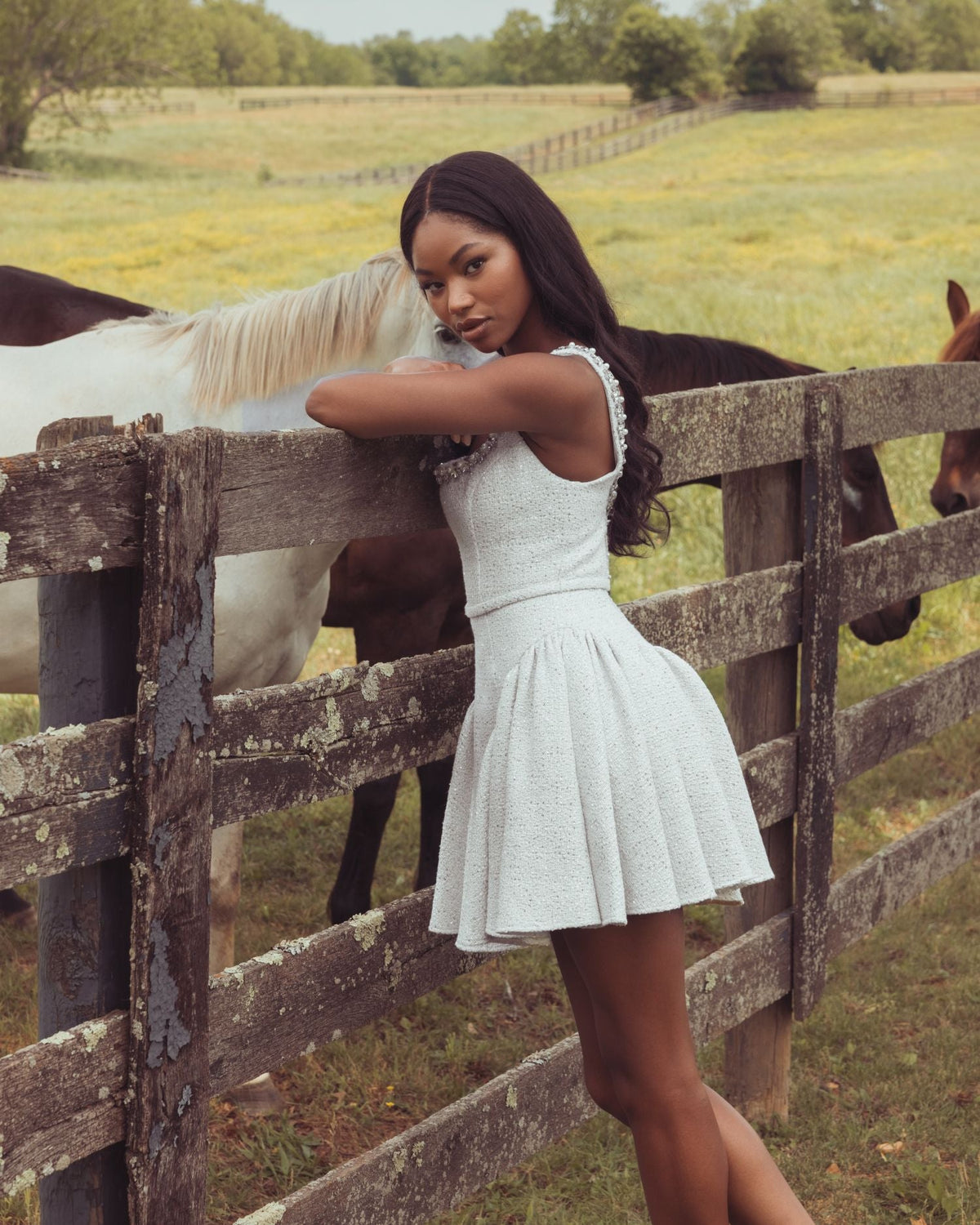 Ivory Embellished Boucle Fit and Flare Mini Dress