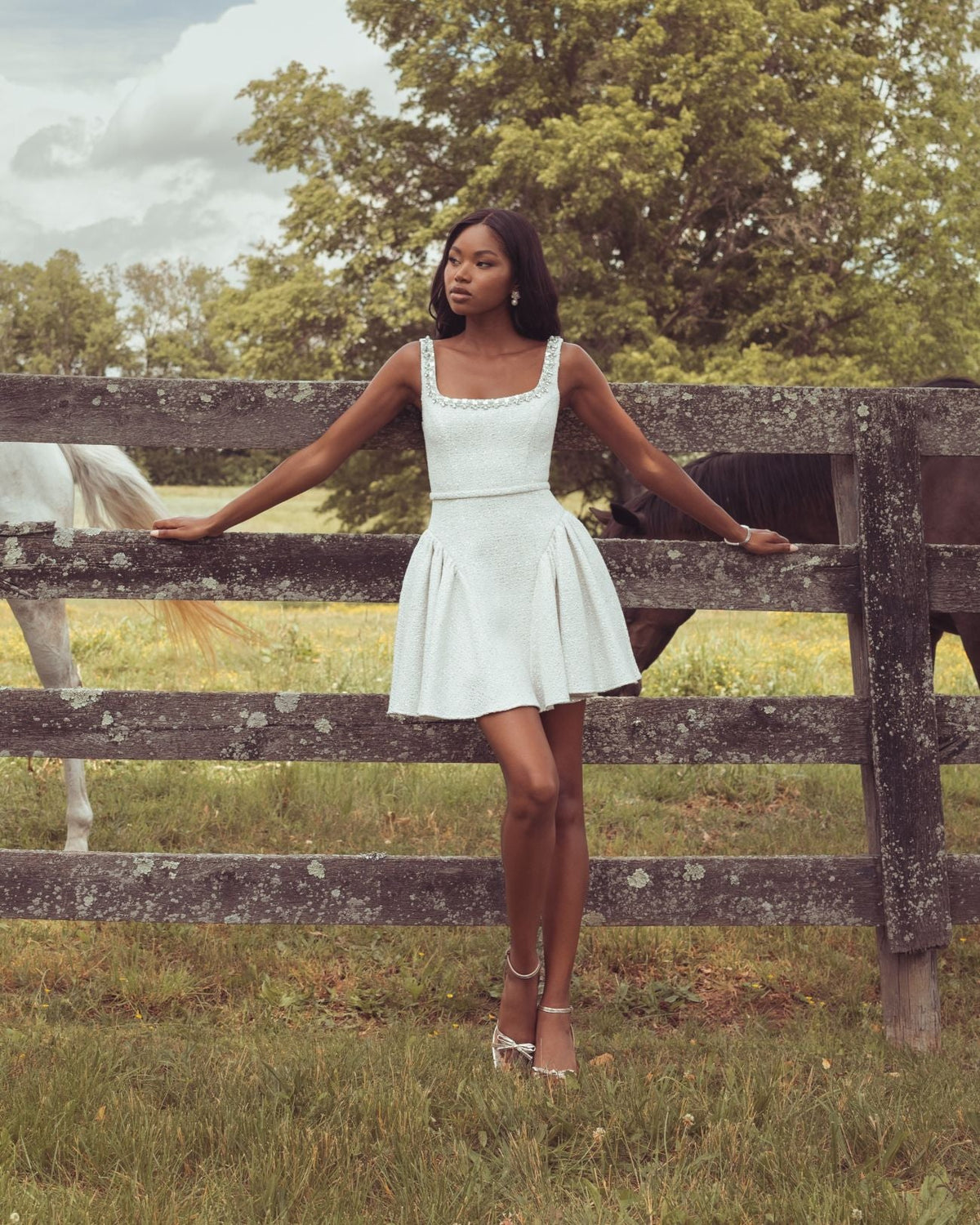 Ivory Embellished Boucle Fit and Flare Mini Dress