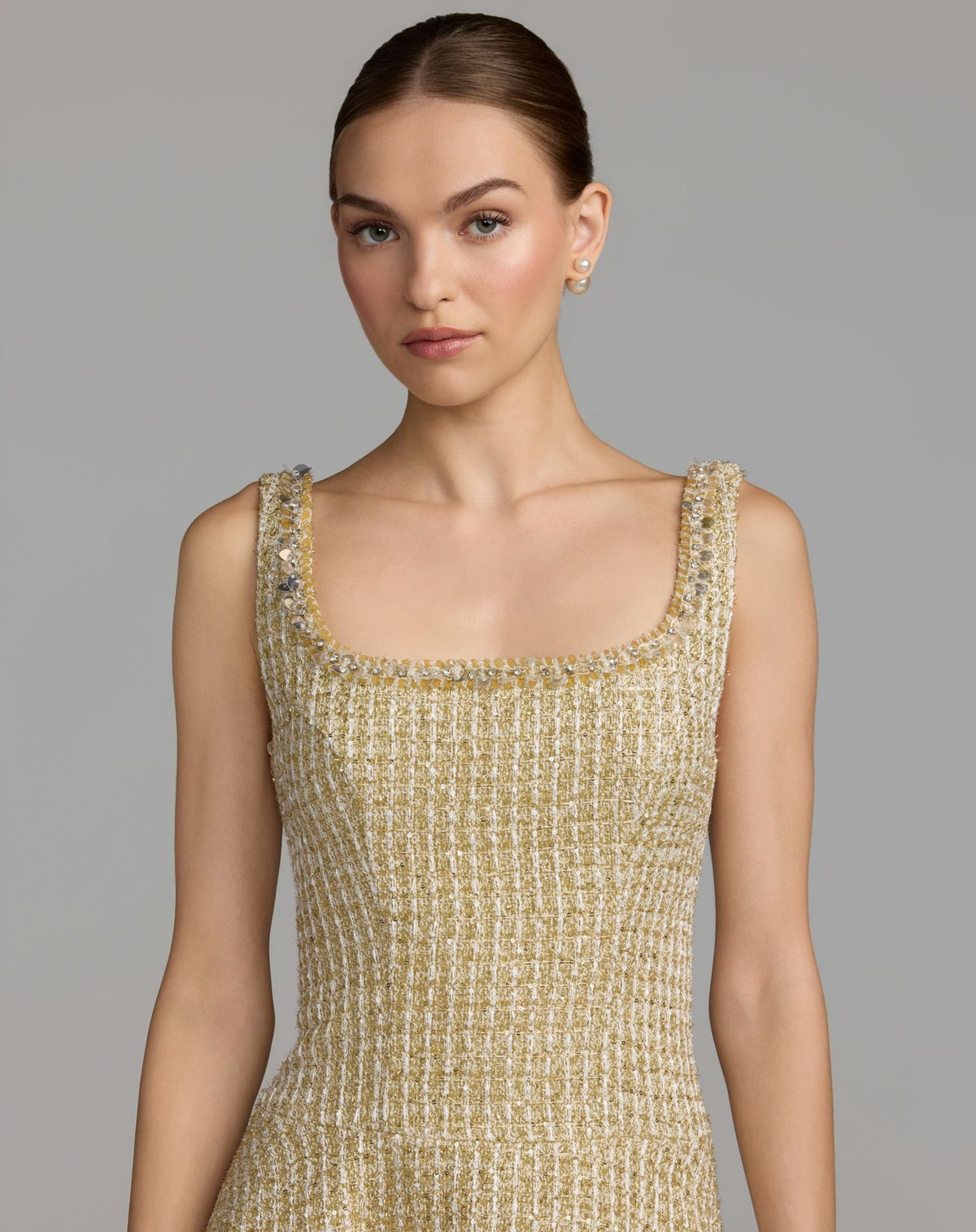 Gold Boucle Embellished A-Line Mini Dress