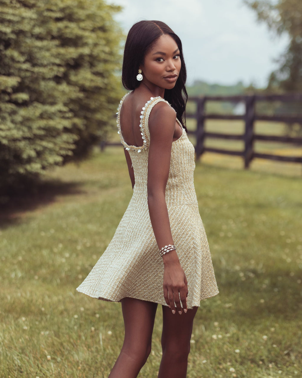 Gold Boucle Embellished A-Line Mini Dress