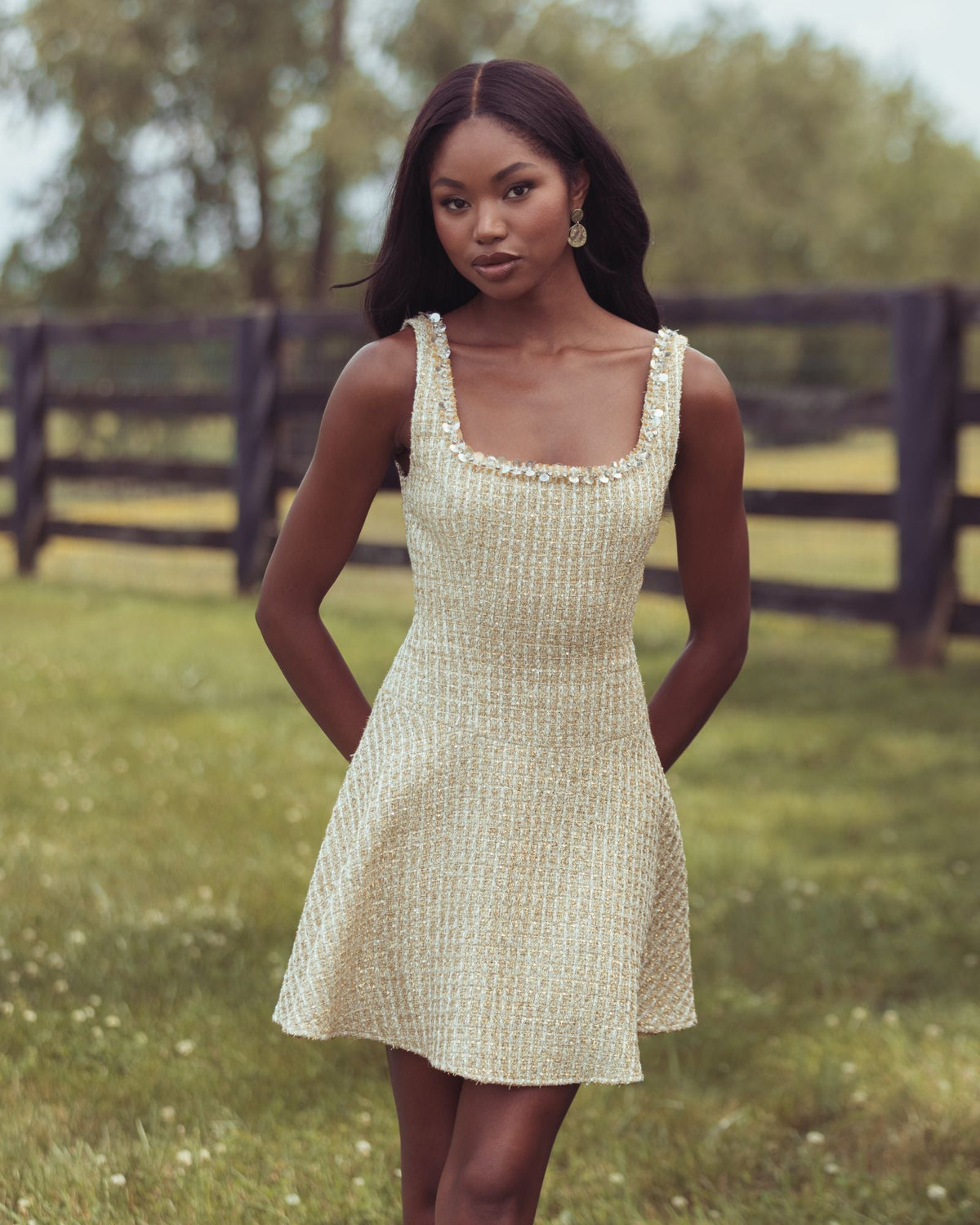 Gold Boucle Embellished A-Line Mini Dress