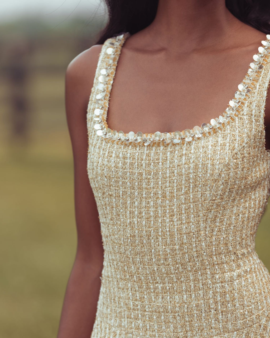 Gold Boucle Embellished A-Line Mini Dress