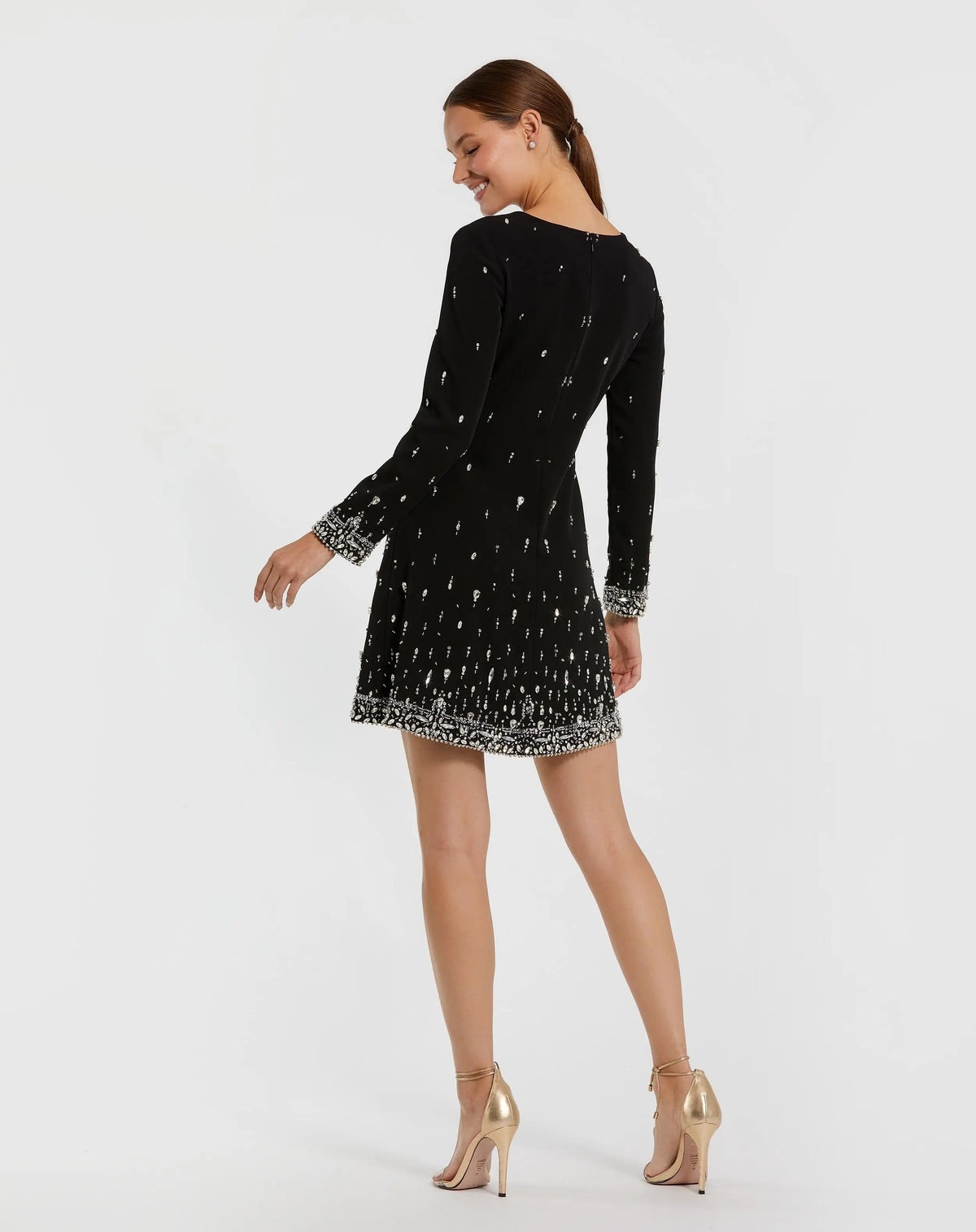 Black Embellished Crepe Long Sleeve Mini Dress