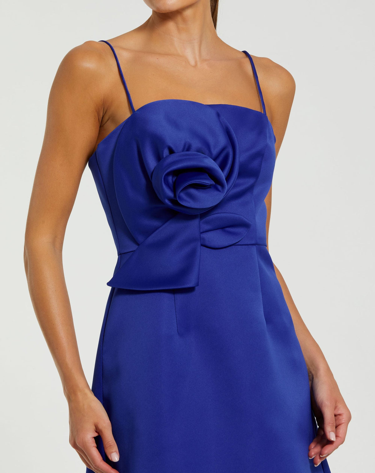 Blue Satin A-Line Mini Dress With 3D Rose Detail