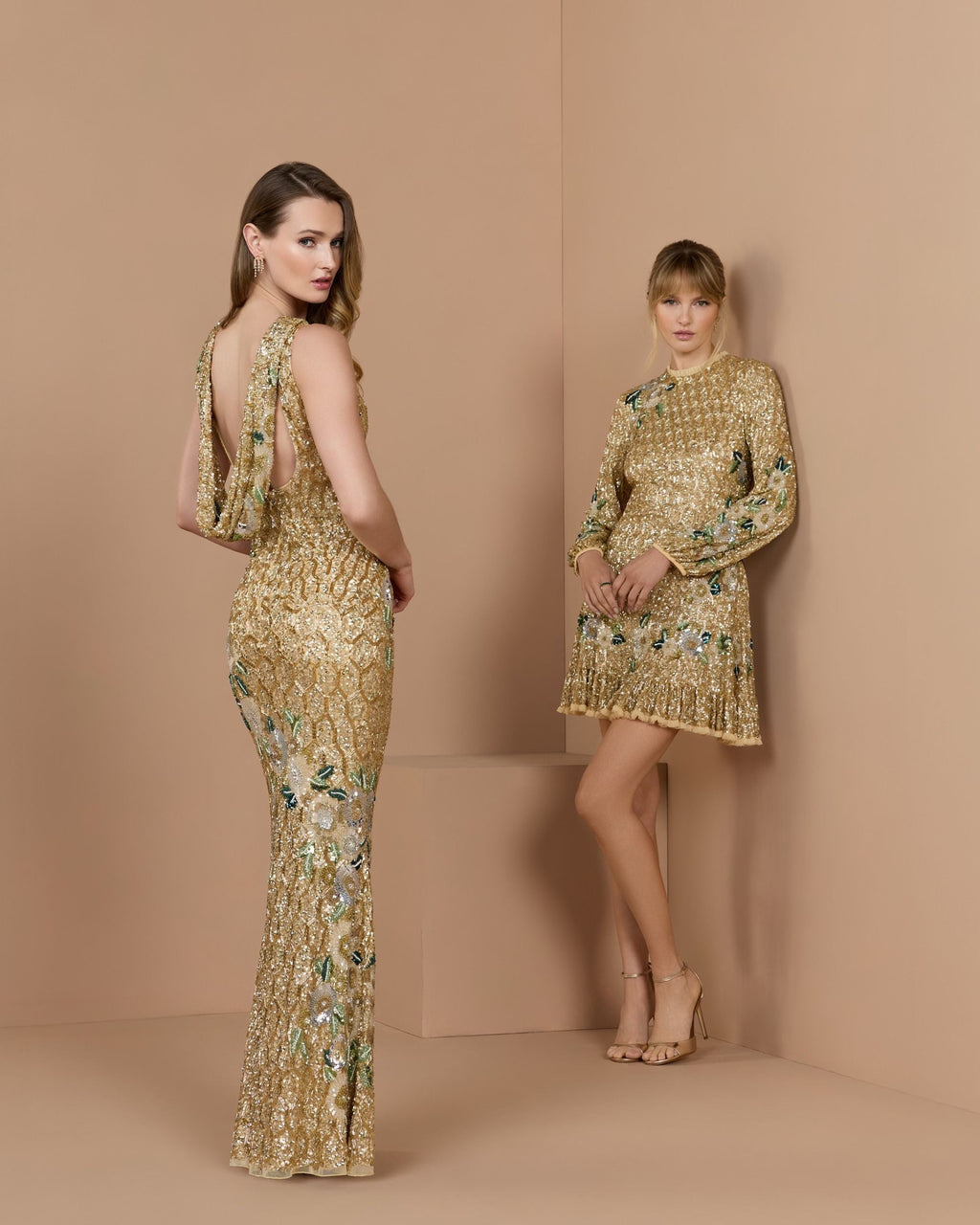 Gold Multi Floral Hand Beaded Long Sleeve Mini Dress