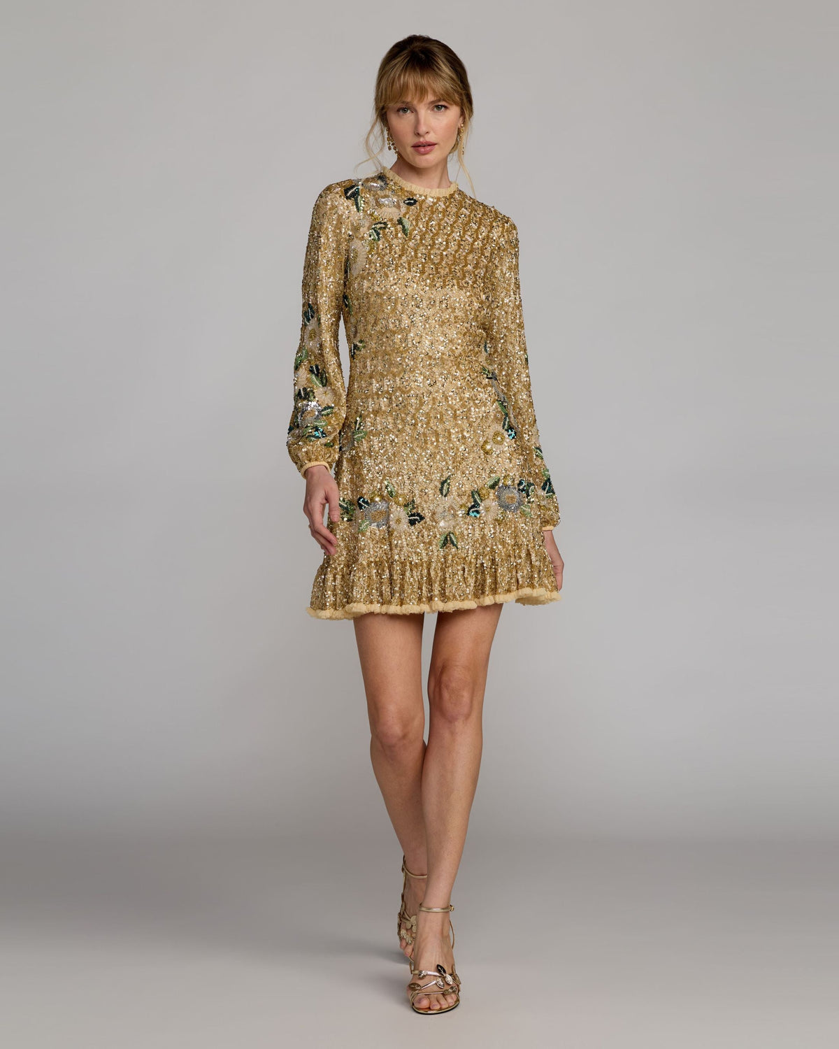 Gold Multi Floral Hand Beaded Long Sleeve Mini Dress