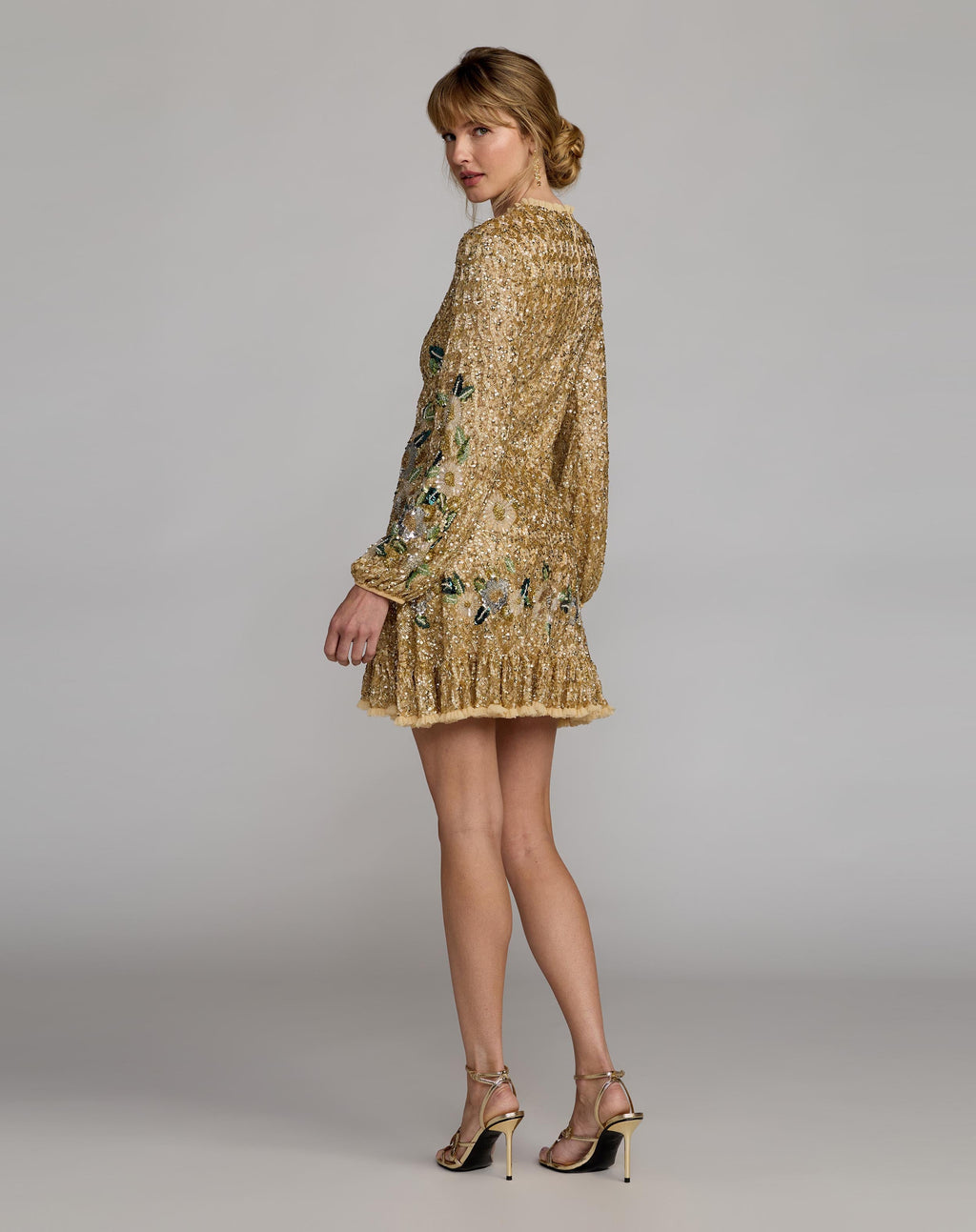 Gold Multi Floral Hand Beaded Long Sleeve Mini Dress