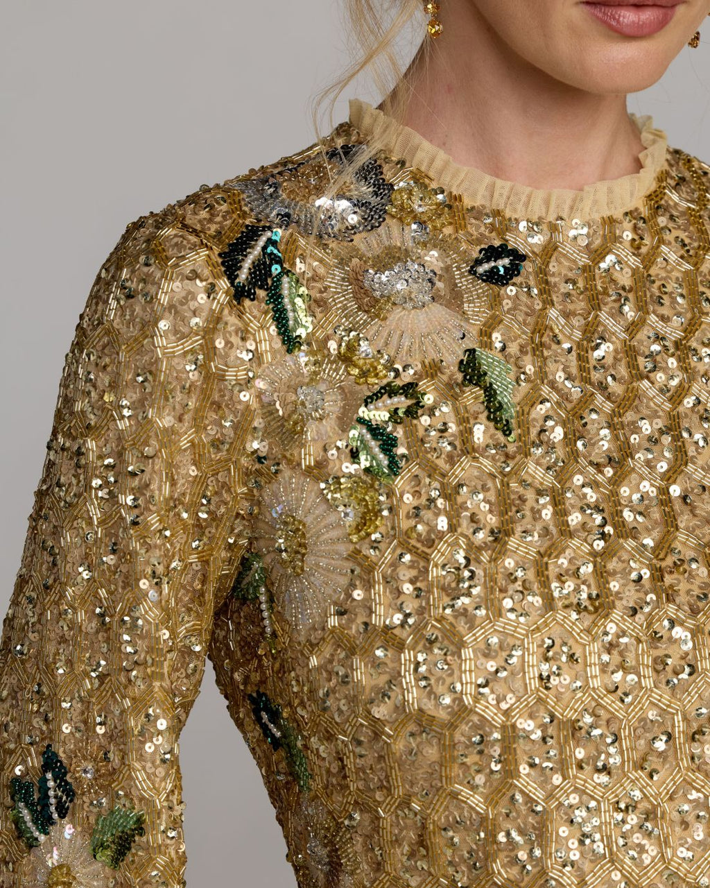 Gold Multi Floral Hand Beaded Long Sleeve Mini Dress
