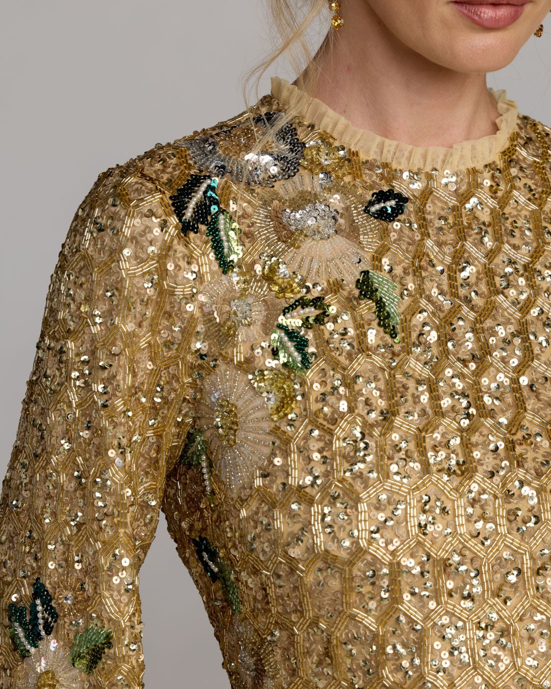 Gold Multi Floral Hand Beaded Long Sleeve Mini Dress