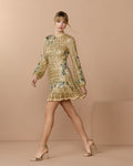 Gold Multi Floral Hand Beaded Long Sleeve Mini Dress