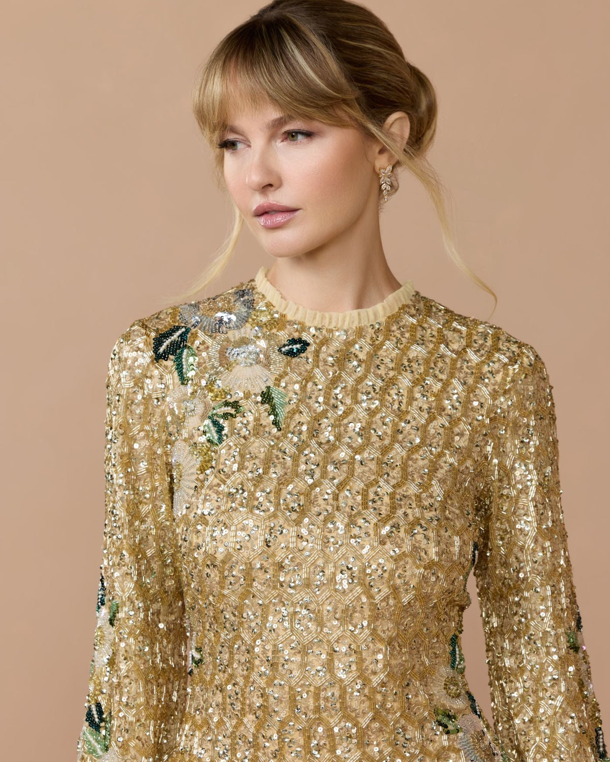 Gold Multi Floral Hand Beaded Long Sleeve Mini Dress