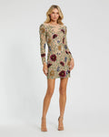 Nude Multi Floral Beaded Long Sleeve Mini Dress