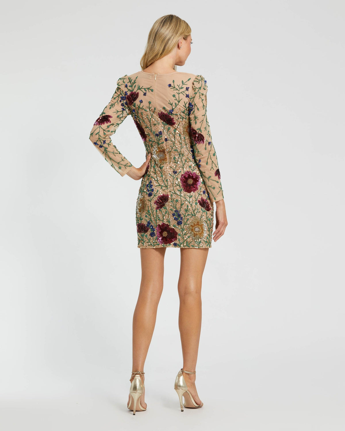 Nude Multi Floral Beaded Long Sleeve Mini Dress