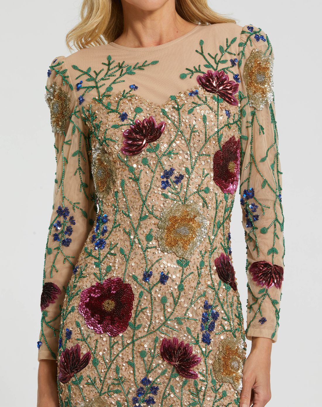 Nude Multi Floral Beaded Long Sleeve Mini Dress