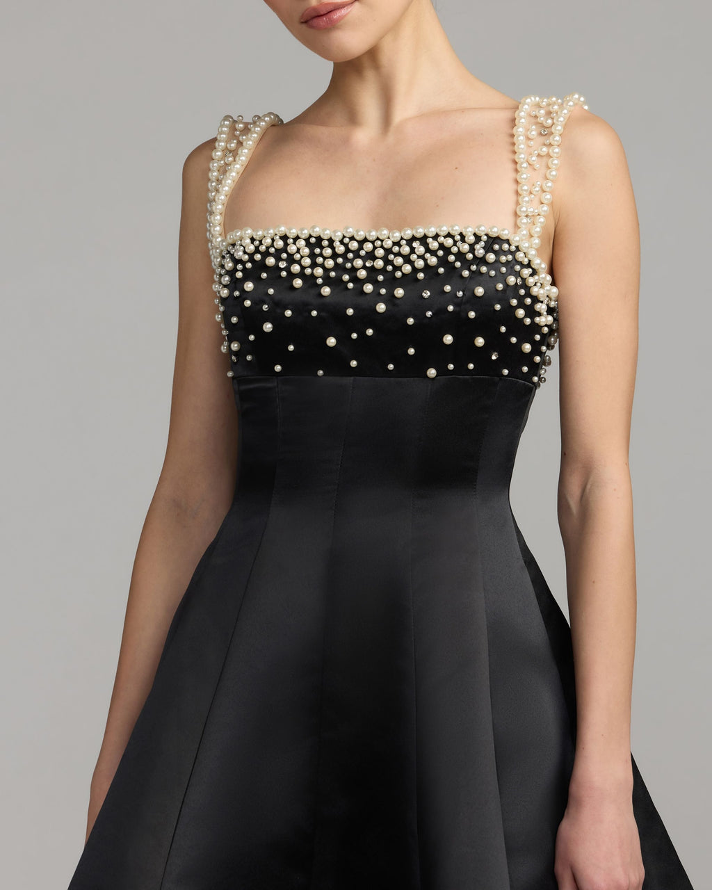 Black Pearl Embellished Satin Mini Dress