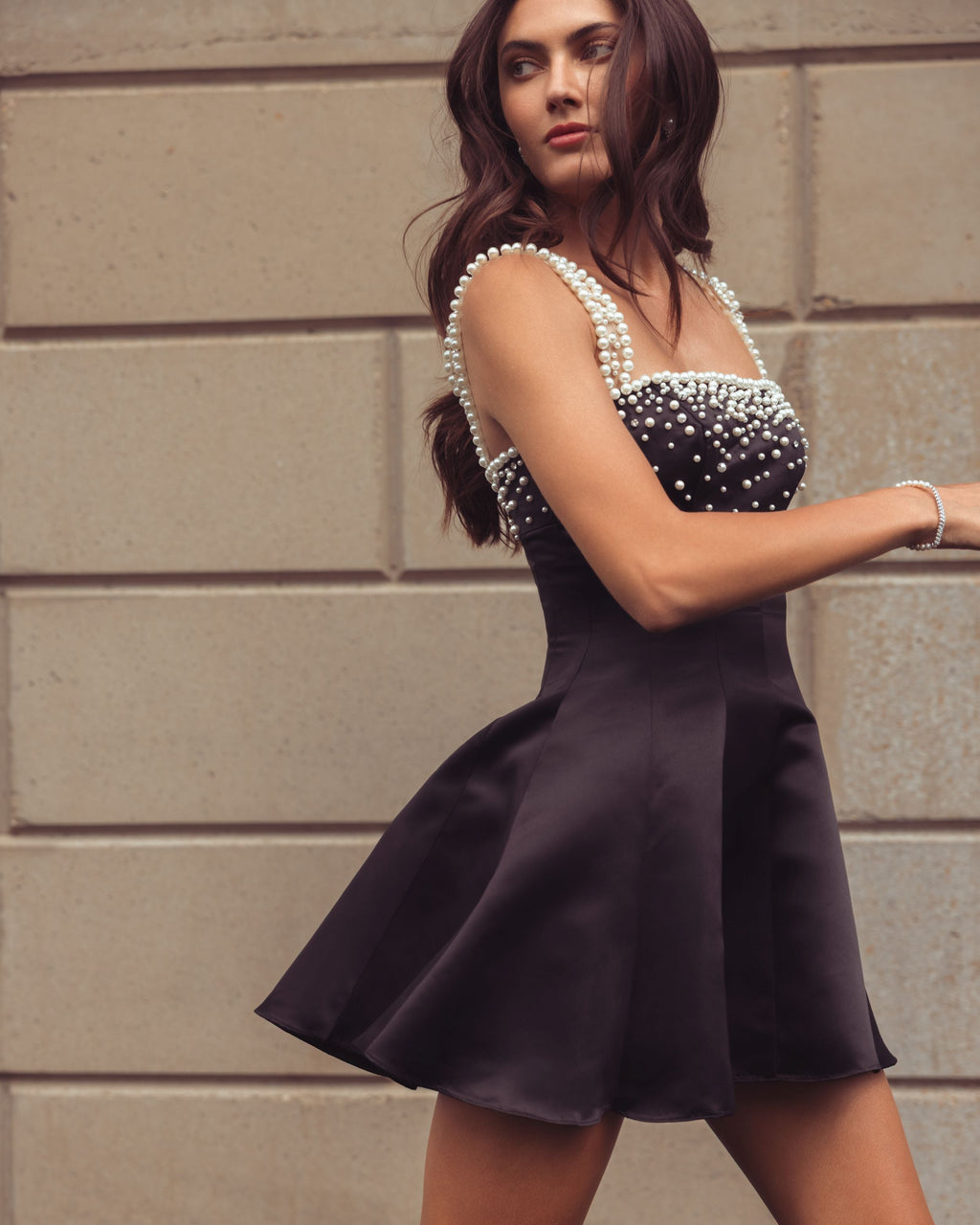 Black Pearl Embellished Satin Mini Dress