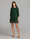 Deep Green Embellished Trim Mini Dress With 3/4 Sleeves