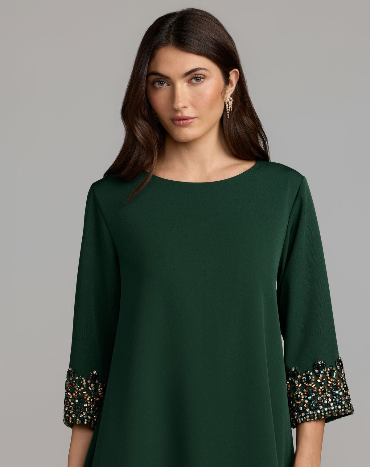 Deep Green Embellished Trim Mini Dress With 3/4 Sleeves