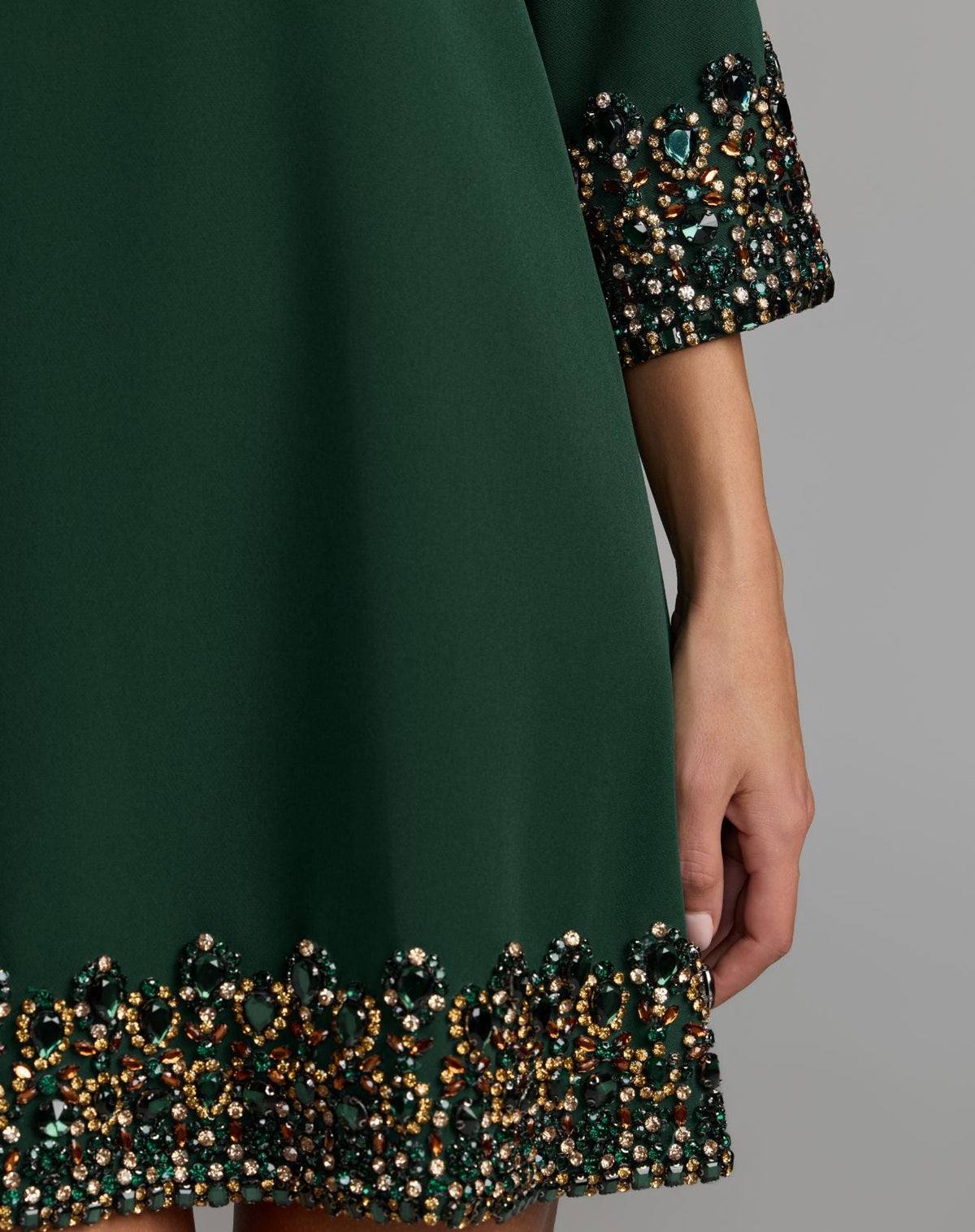 Deep Green Embellished Trim Mini Dress With 3/4 Sleeves