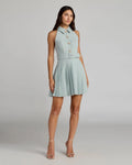 Sage Pleated A-Line Mini Dress With Pearl Buttons