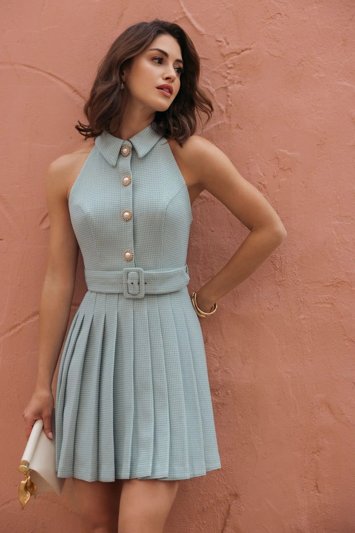 Sage Pleated A-Line Mini Dress With Pearl Buttons