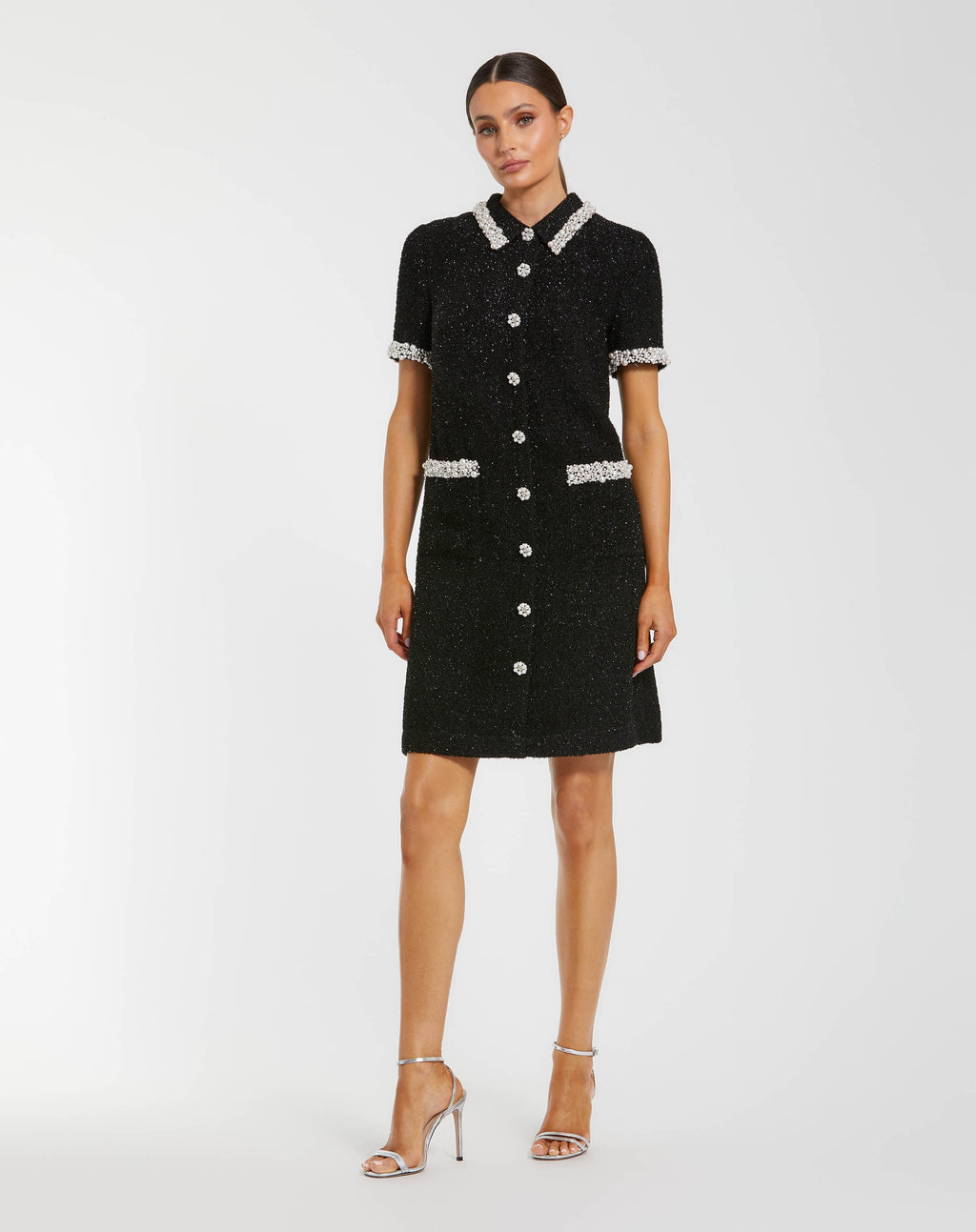 Black Pearl Trim Boucle Mini Dress