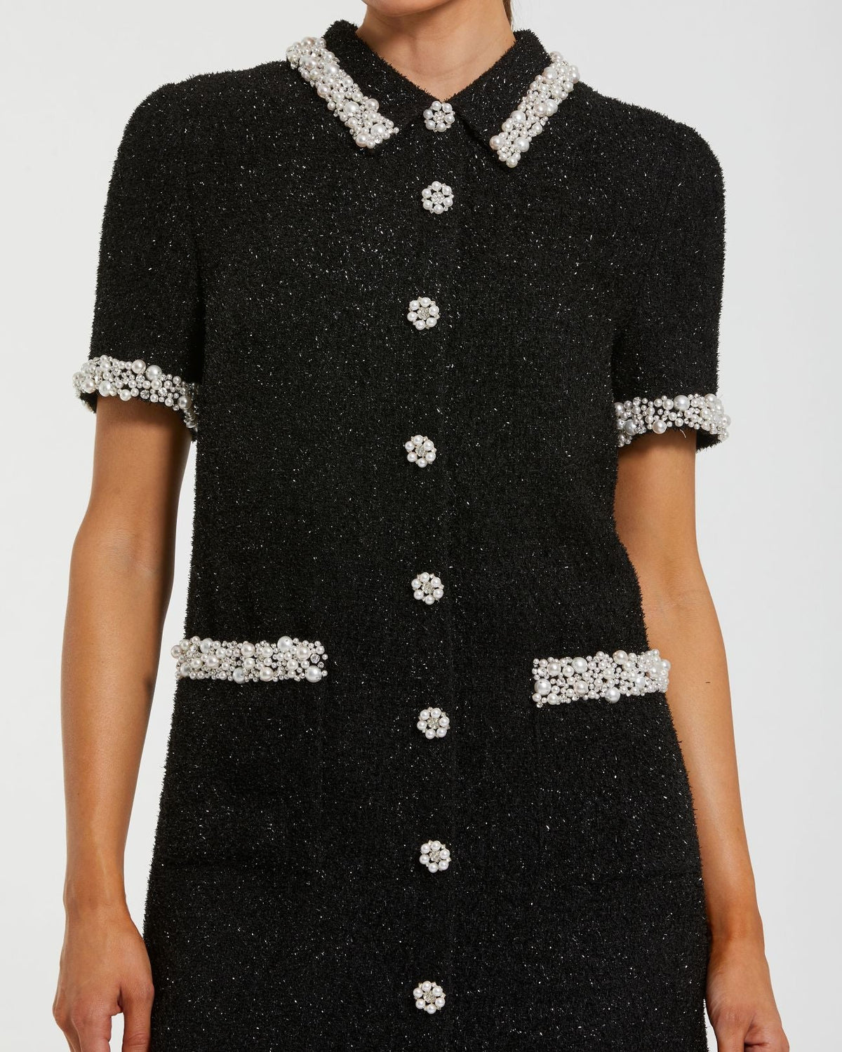 Black Pearl Trim Boucle Mini Dress