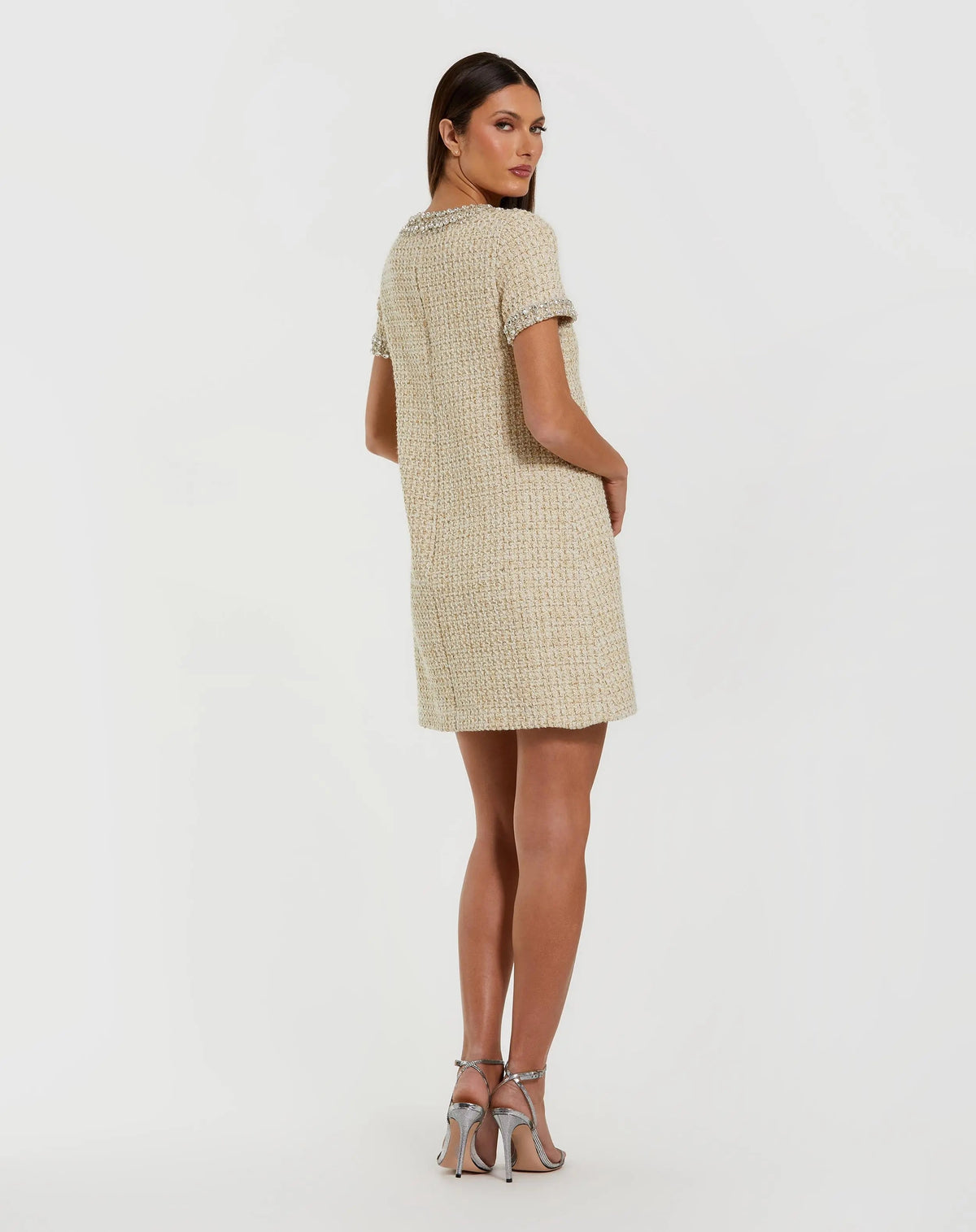 Ivory Short Sleeve Embellished Boucle Mini Dress