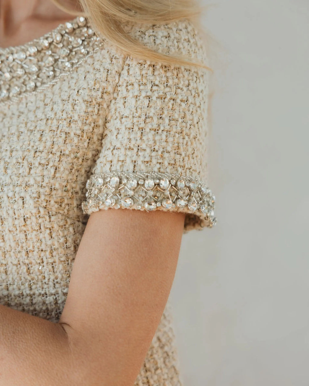 Ivory Short Sleeve Embellished Boucle Mini Dress