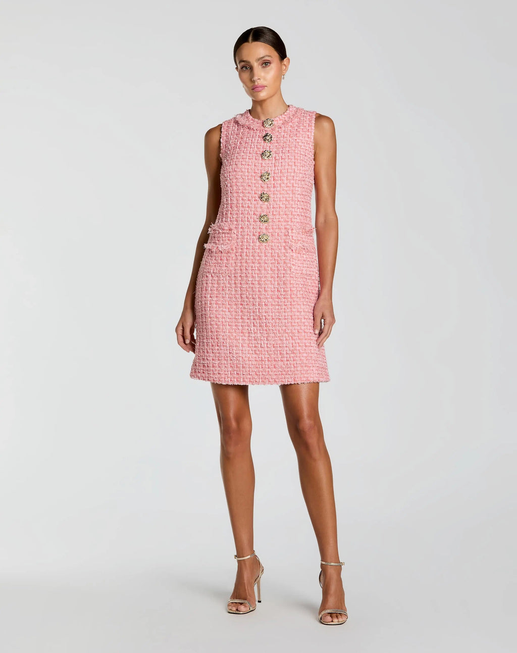 Pink Boucle Sleeveless Mini Dress with Gold Buttons