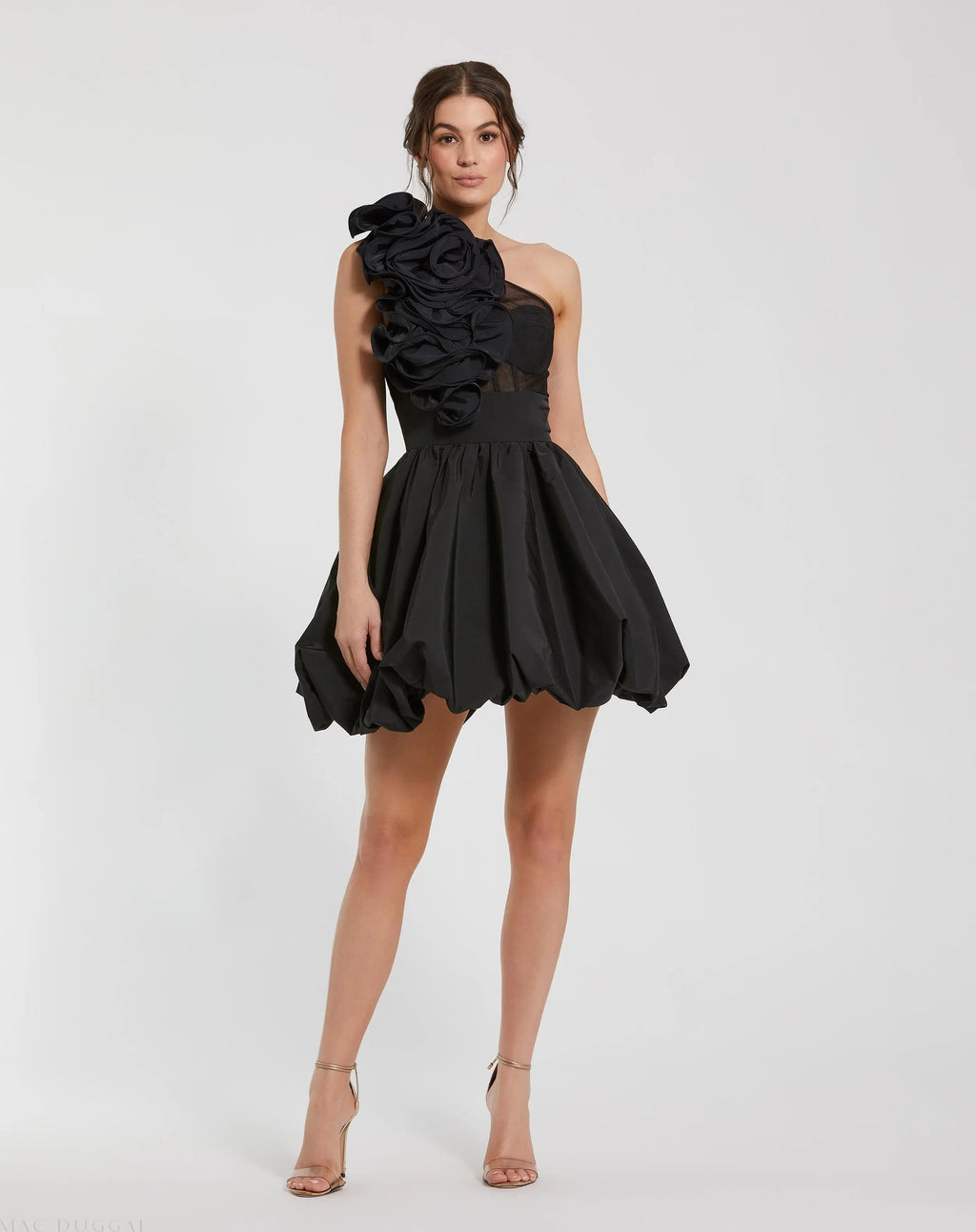Black Taffeta One Shoulder Ruffle Bubble Mini Dress