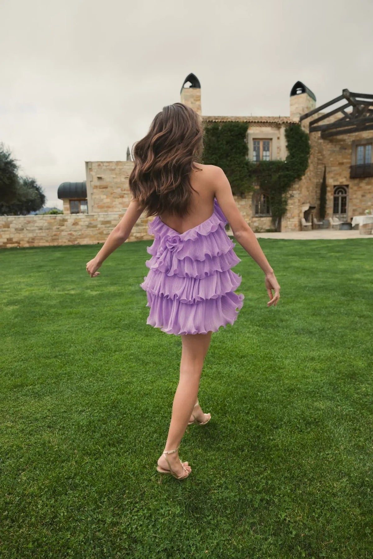 Purple Crinkle Chiffon Tiered Ruffle Mini Dress
