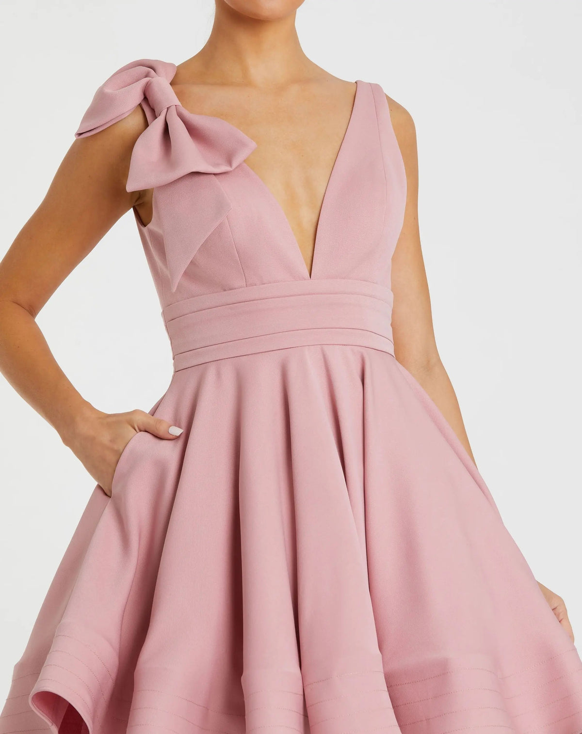 Rose Crepe Sleeveless V-Neck Mini Dress With Bow