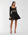 Black Long Sleeve Crepe Mini Dress With Jewel Detail