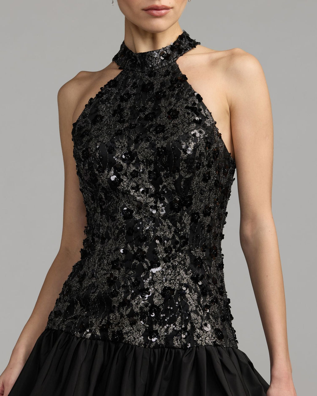 Black Silver Embellished Lace Bubble Hem Mini Dress