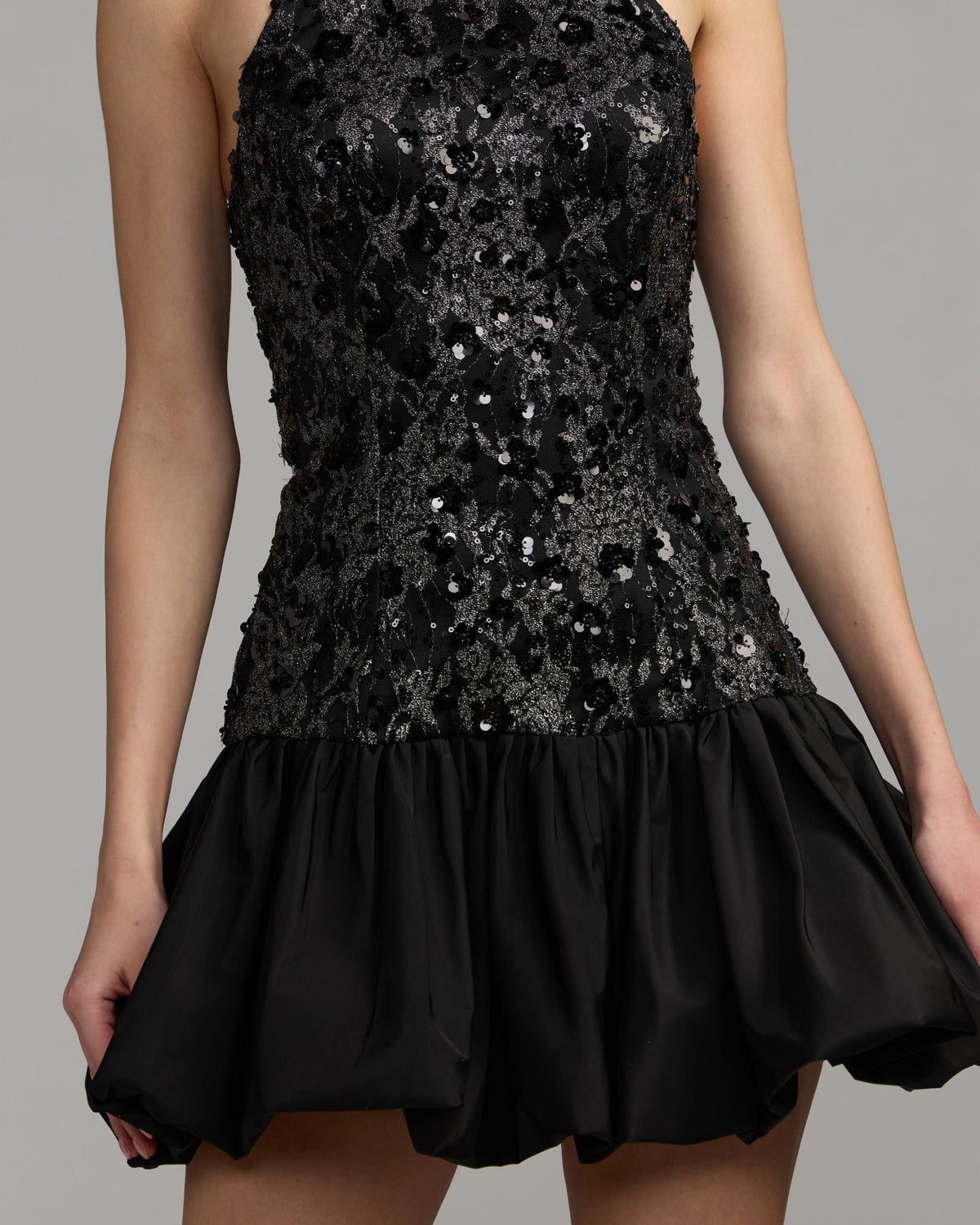 Black Silver Embellished Lace Bubble Hem Mini Dress