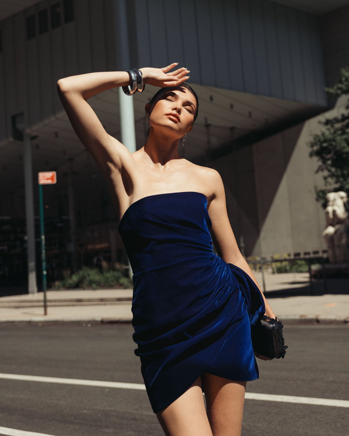 Blue Strapless Velvet Wrap Mini Dress