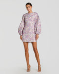 Purple Floral Brocade Balloon Sleeve Mini Dress
