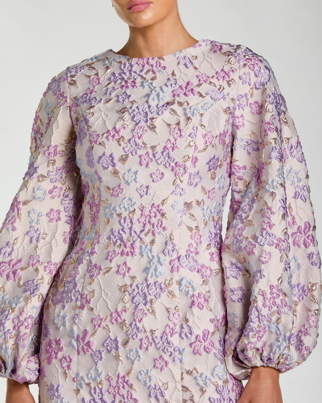 Purple Floral Brocade Balloon Sleeve Mini Dress