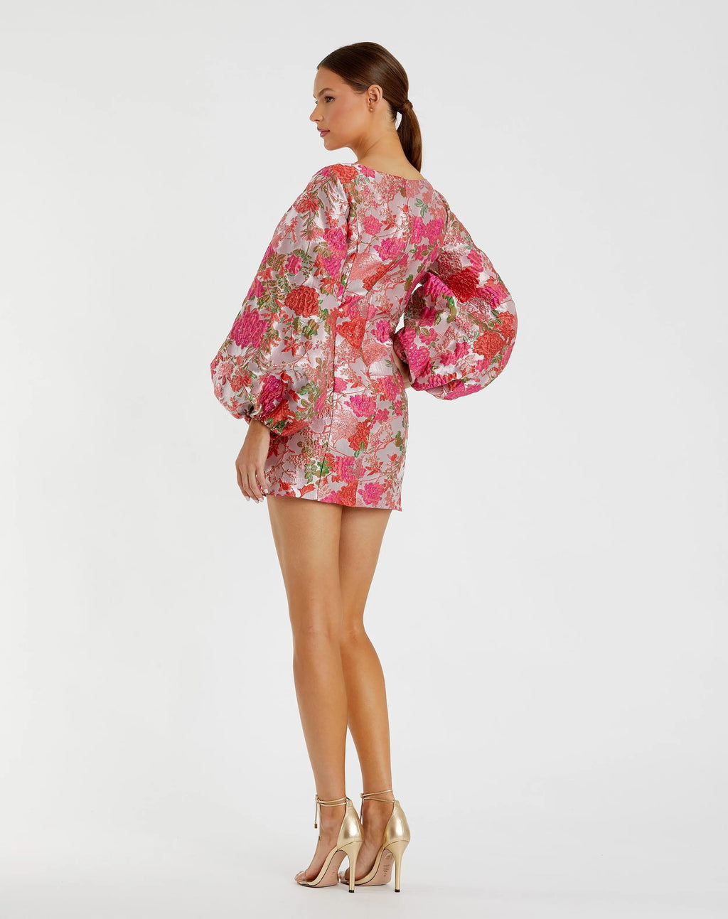 Pink Floral Brocade Balloon Sleeve Mini Dress