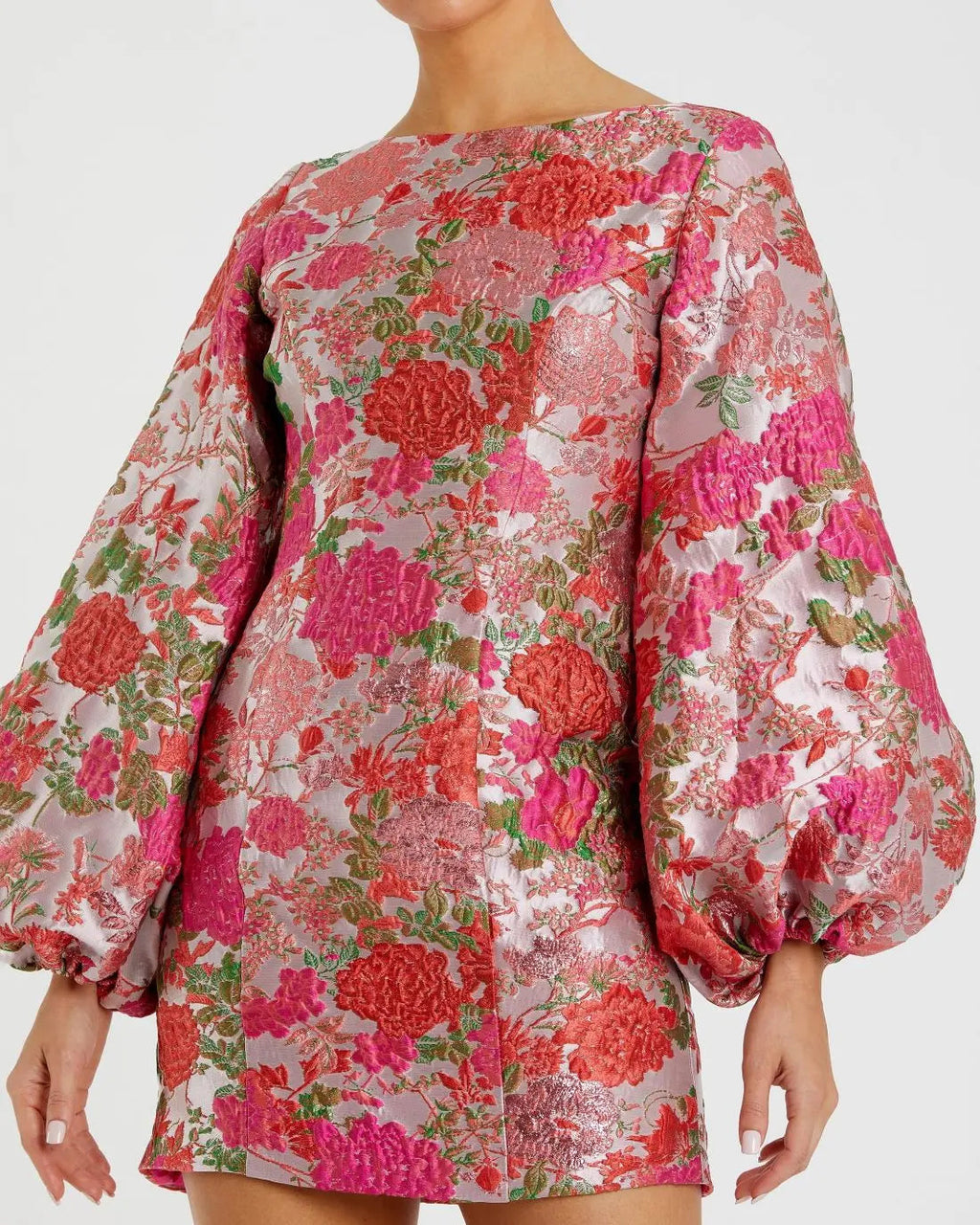 Pink Floral Brocade Balloon Sleeve Mini Dress