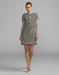 Black White Striped Button Up Boucle Mini Dress