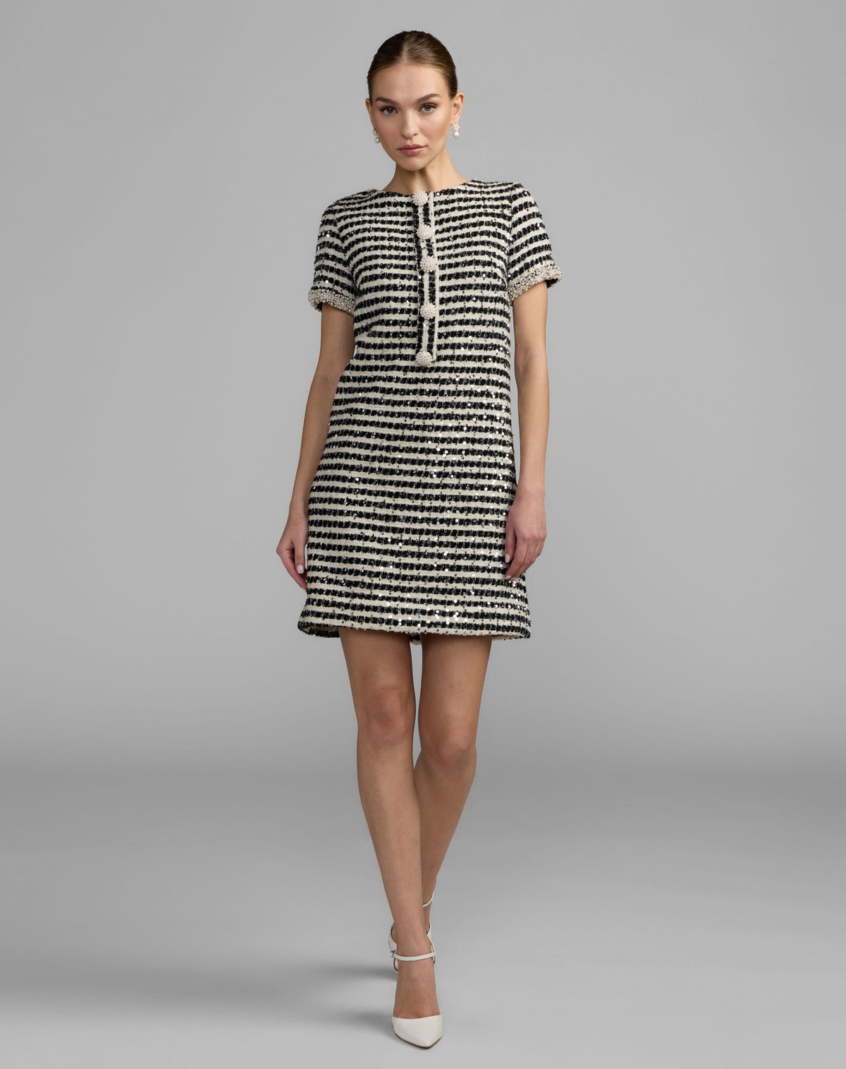 Black White Striped Button Up Boucle Mini Dress