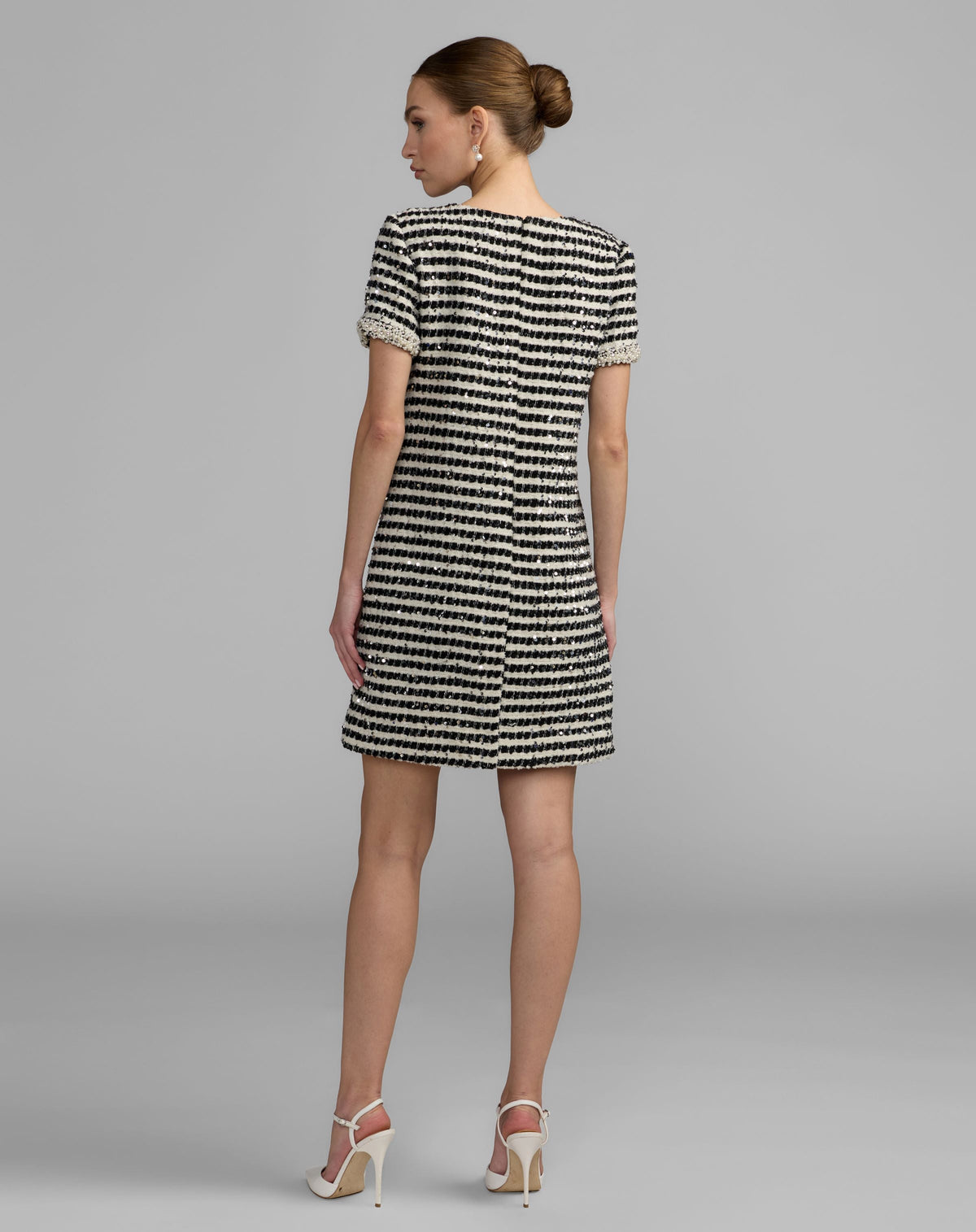 Black White Striped Button Up Boucle Mini Dress