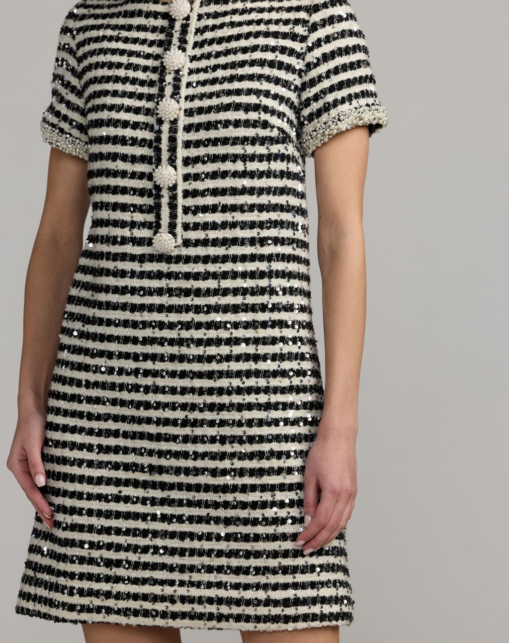 Black White Striped Button Up Boucle Mini Dress